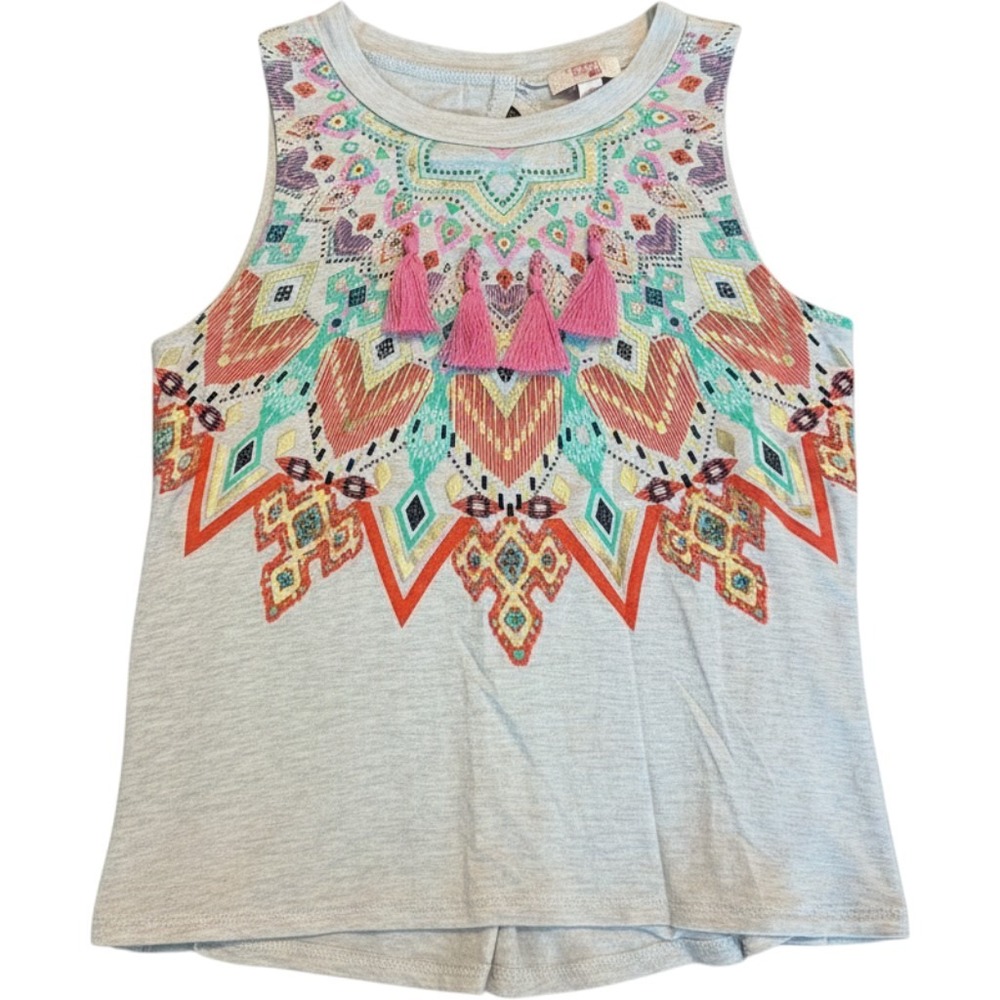 GB Girls Boho Tassel Graphic Tank Top Size M Medium Keyhole Back